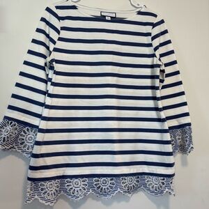 Charter Club Blue White Stripe 3/4 Length Sleeve Blouse Eyelet Lace Women Small